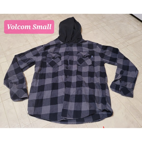 Volcom Flannel Hoodie Shirt Men's Size Small Button Down Black Gray Plaid - Picture 1 of 1